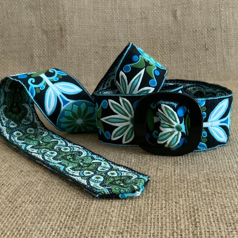 Reversible Adjustable Belt Floral Embroidery Black Blue White - Picture 5 of 5